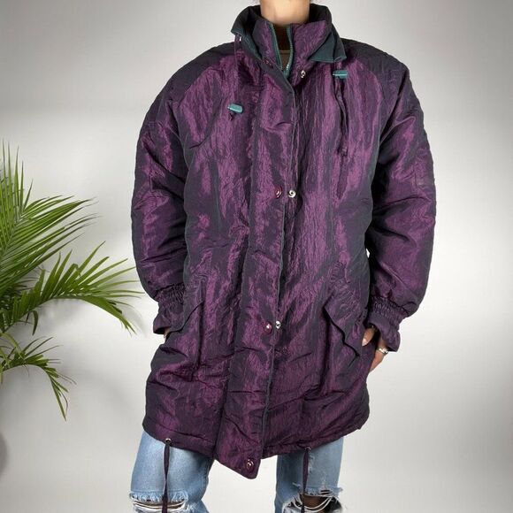Vintage 90s Grunge Purple Metallic Retro Oversized Puff Jacket / Size: Medium - Picture 4 of 5